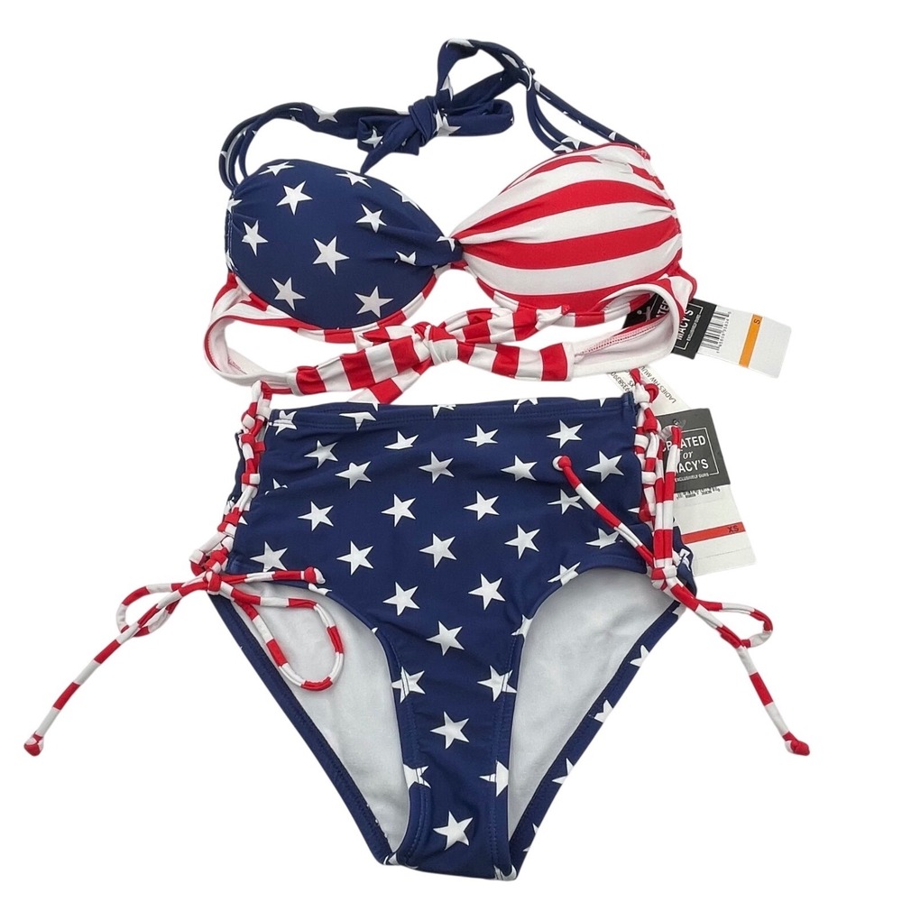 California Waves American Flag Bikini Set Stars Stripes Push Up High Waist NEW